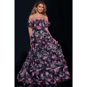 NWT Jovani Off-the-Shoulder Floral Gown with Layered Ruffle Details Size 0